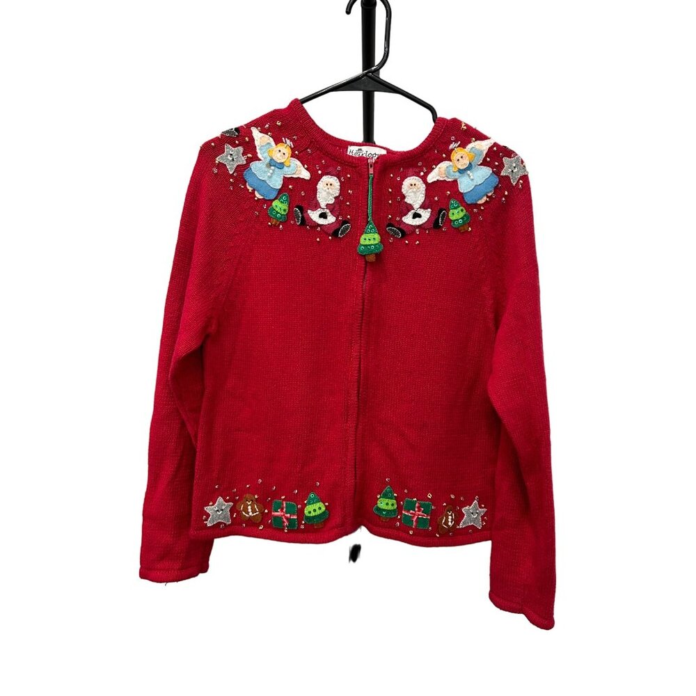 Heirloom Collectibles Christmas Sweater Red Santa Angel Beaded Zip Front Size 16